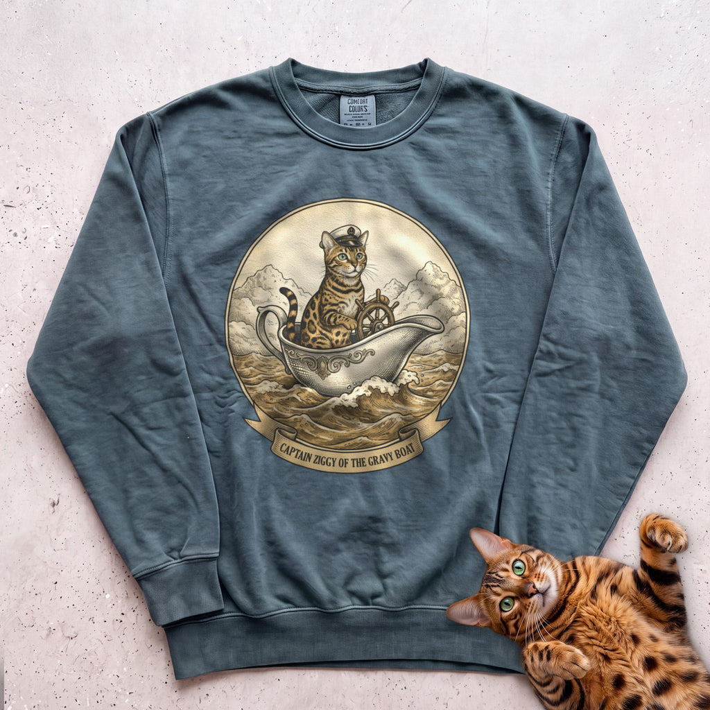 Personalized Gravy Boat Captain Cat Sweatshirt - Blue Spruce