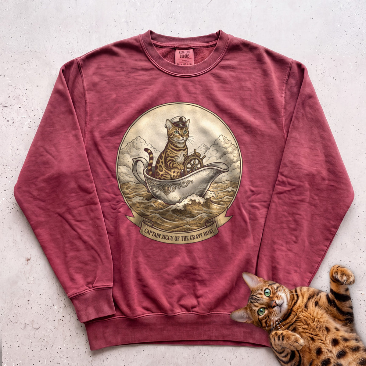 Personalized Gravy Boat Captain Cat Sweatshirt - Crimson