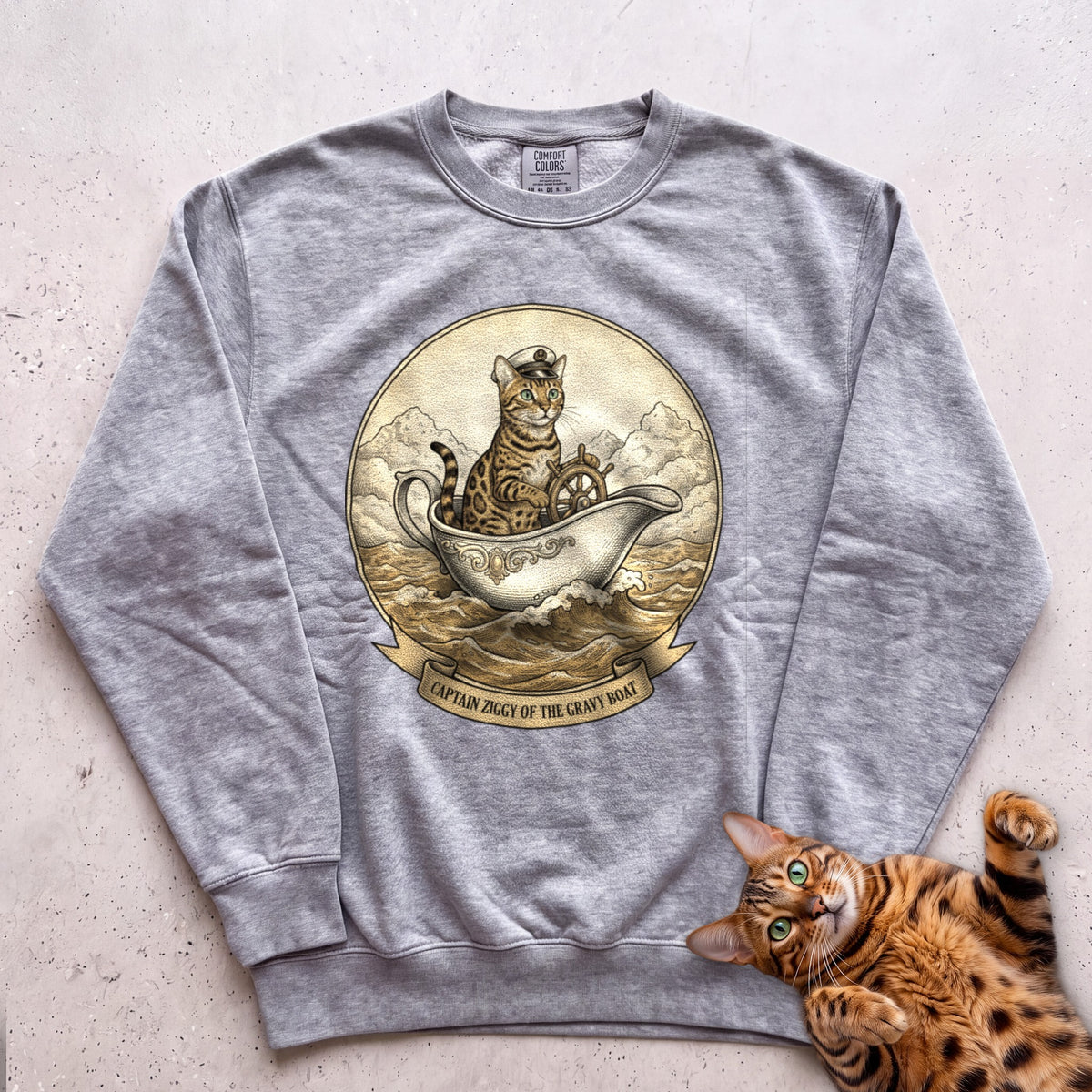 Personalized Gravy Boat Captain Cat Sweatshirt - Grey