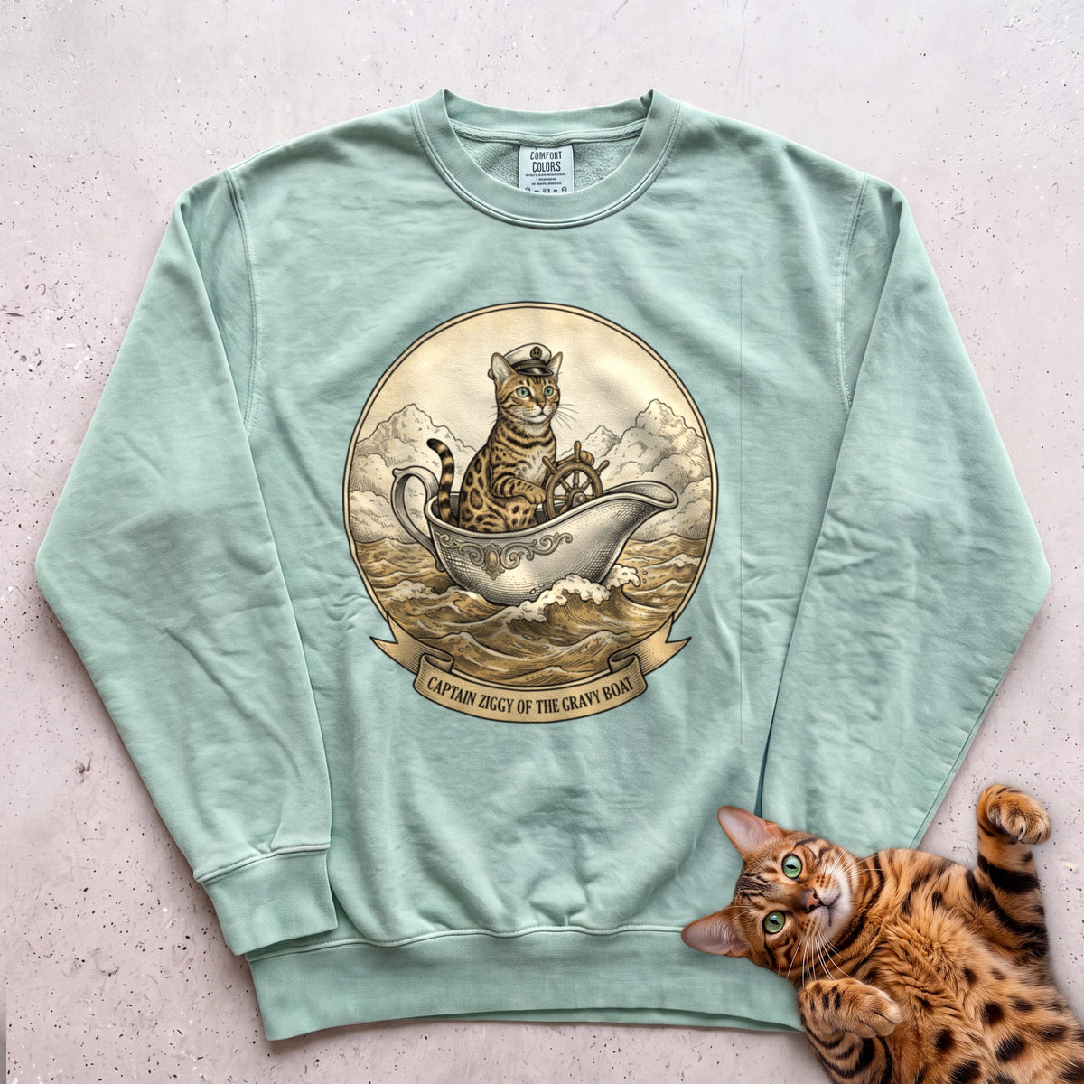 Personalized Gravy Boat Captain Cat Sweatshirt - Light Green