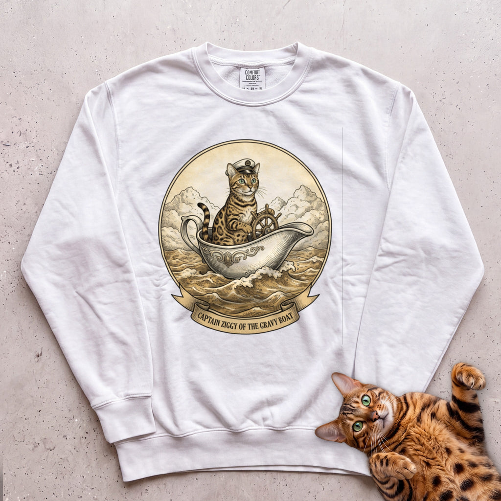 Personalized Gravy Boat Captain Cat Sweatshirt - White