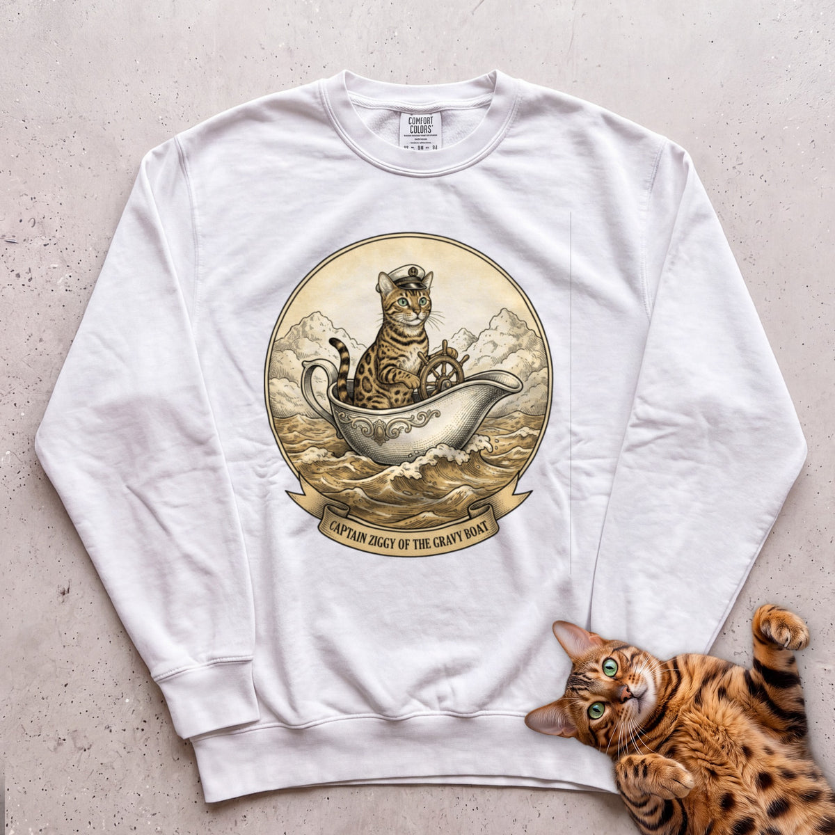 Personalized Gravy Boat Captain Cat Sweatshirt - White