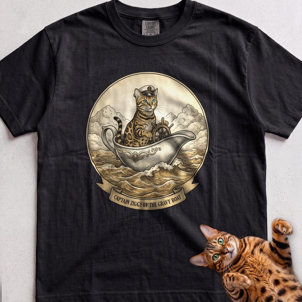 Personalized Gravy Boat Captain Cat T-Shirt - Black