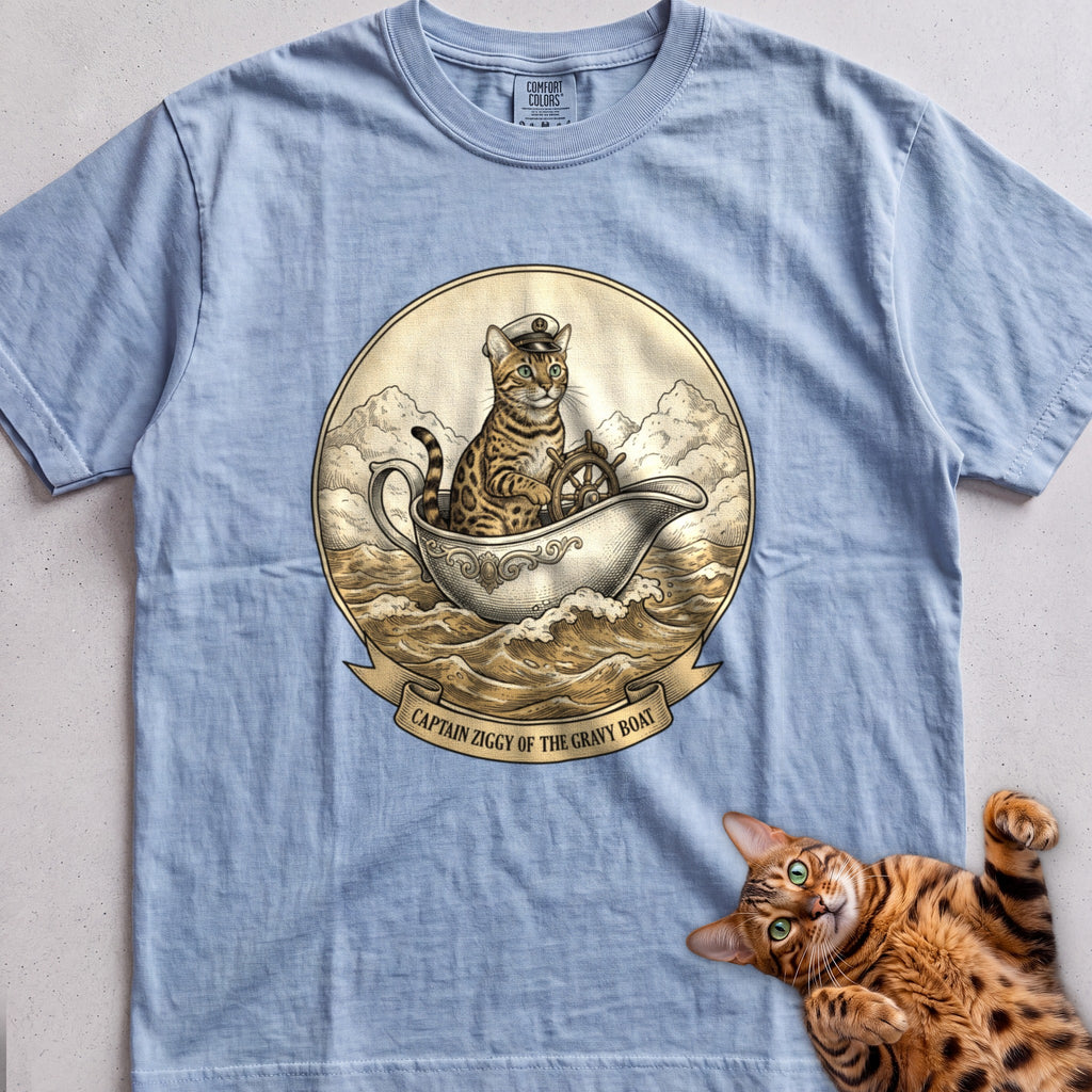 Personalized Gravy Boat Captain Cat T-Shirt - Chambray