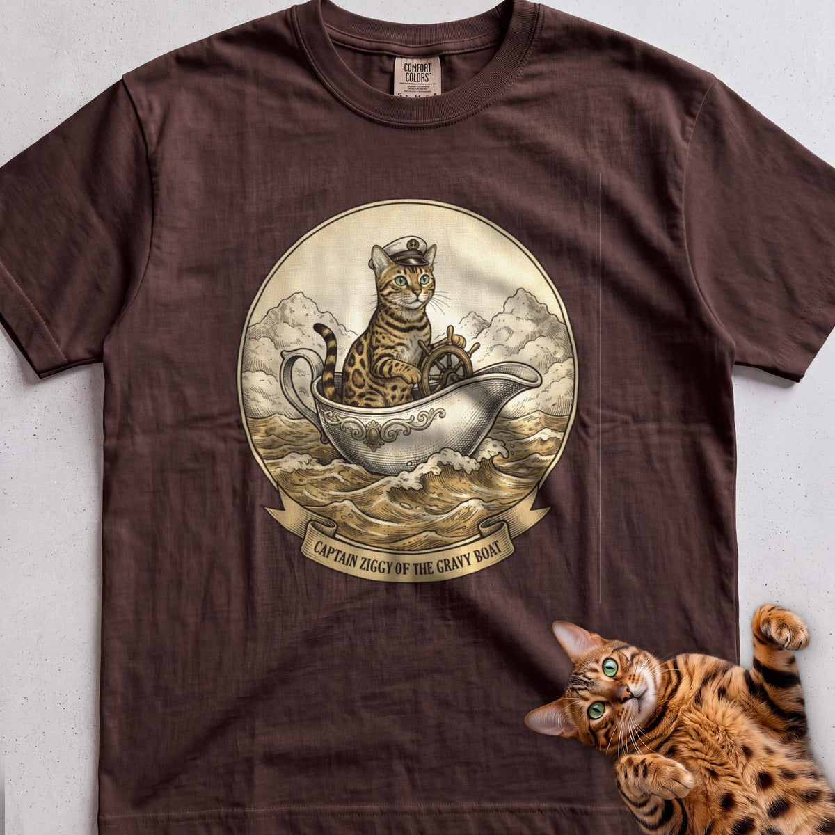 Personalized Gravy Boat Captain Cat T-Shirt - Espresso