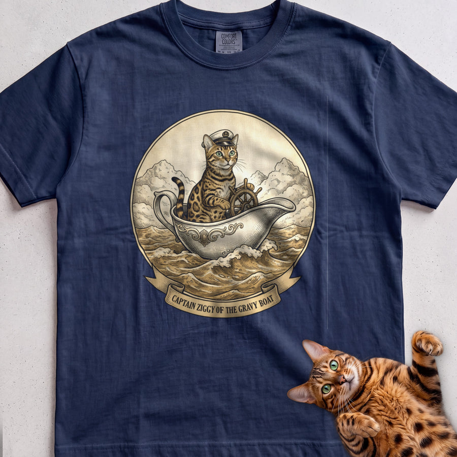 Personalized Gravy Boat Captain Cat T-Shirt - True Navy