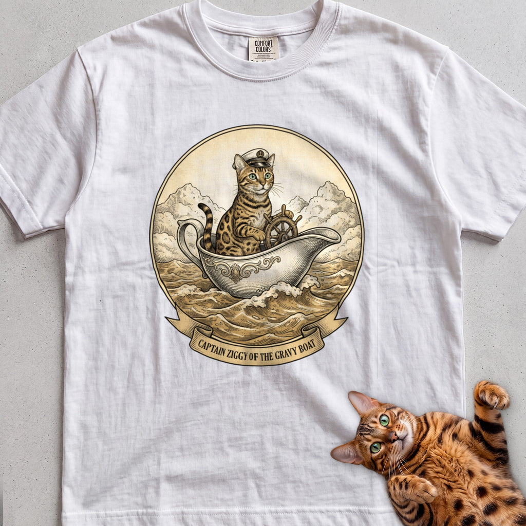 Personalized Gravy Boat Captain Cat T-Shirt - White