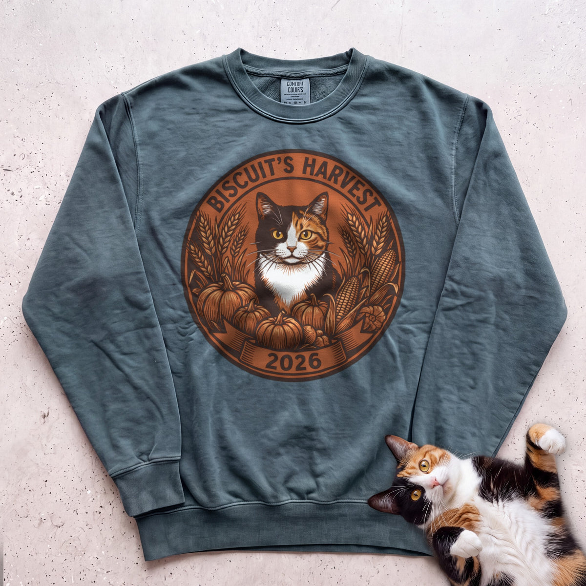 Personalized Harvest 2026 Cat Sweatshirt - Blue Spruce