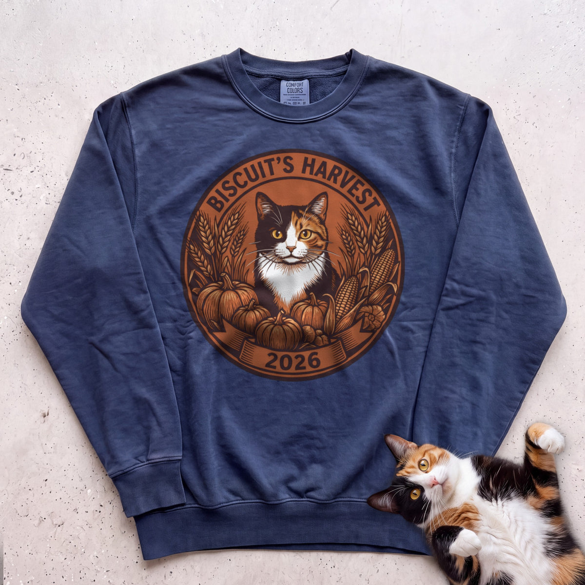 Personalized Harvest 2026 Cat Sweatshirt - True Navy