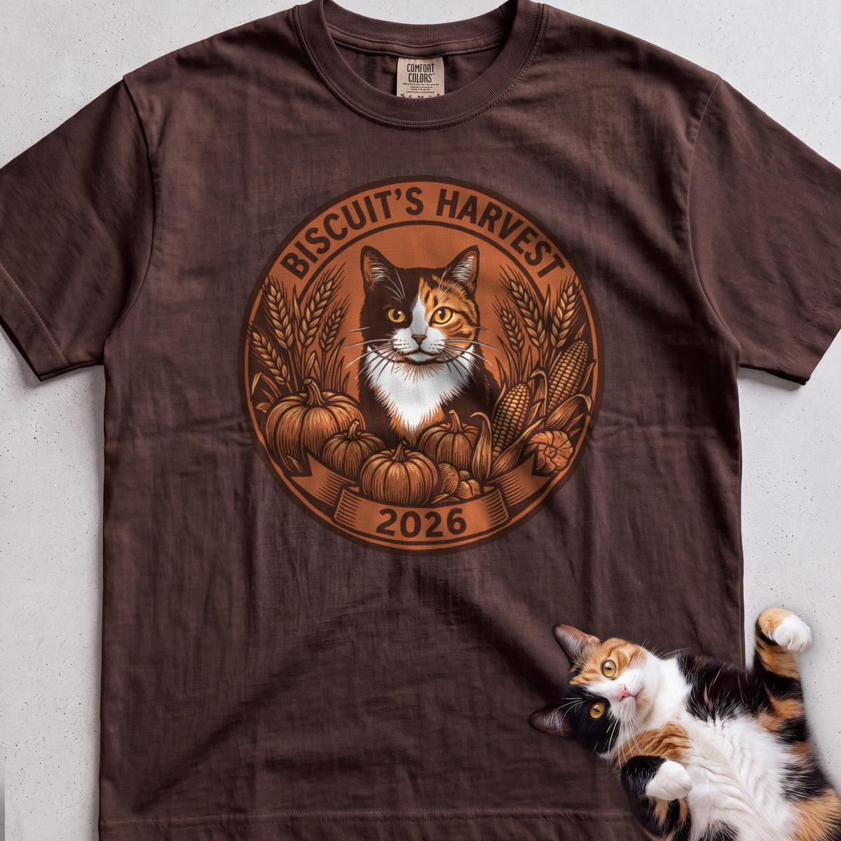 Personalized Harvest 2026 Cat T-Shirt - Espresso