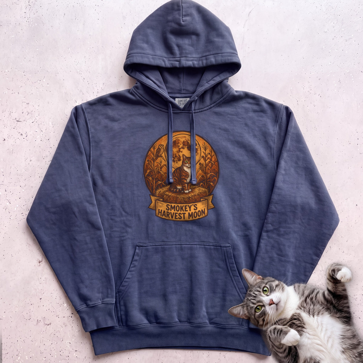 Personalized Harvest Moon Cat Hoodie - True Navy