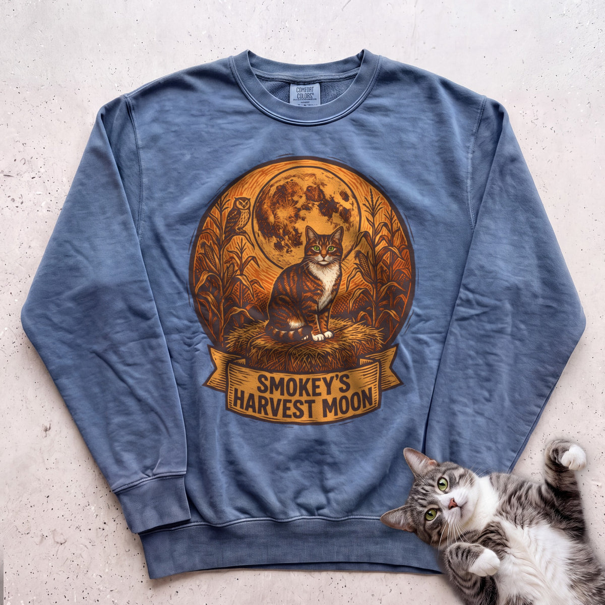 Personalized Harvest Moon Cat Sweatshirt - Blue Jean