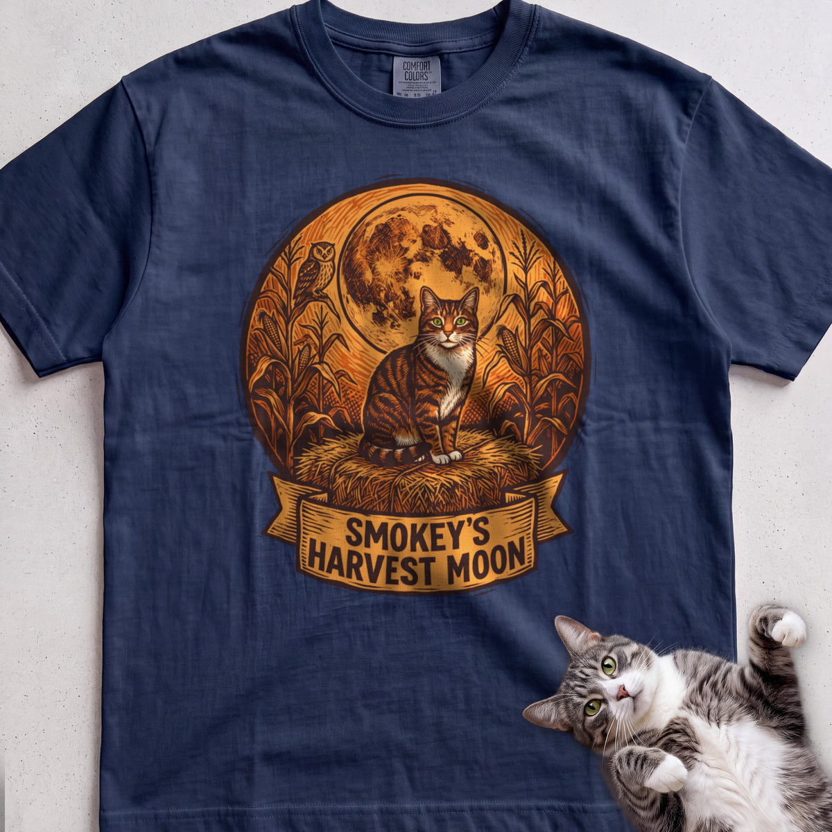 Personalized Harvest Moon Cat T-Shirt - True Navy