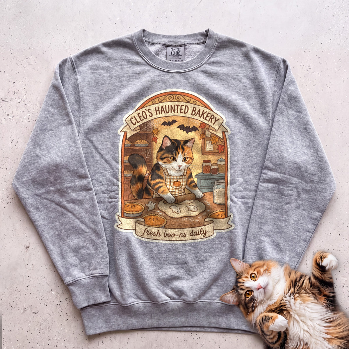 Personalized Haunted Bakery Cat Sweatshirt - Grey