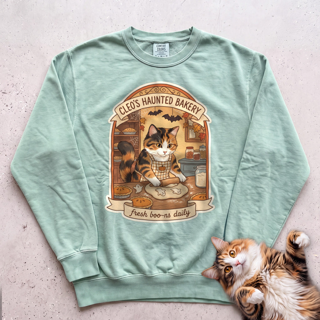 Personalized Haunted Bakery Cat Sweatshirt - Light Green