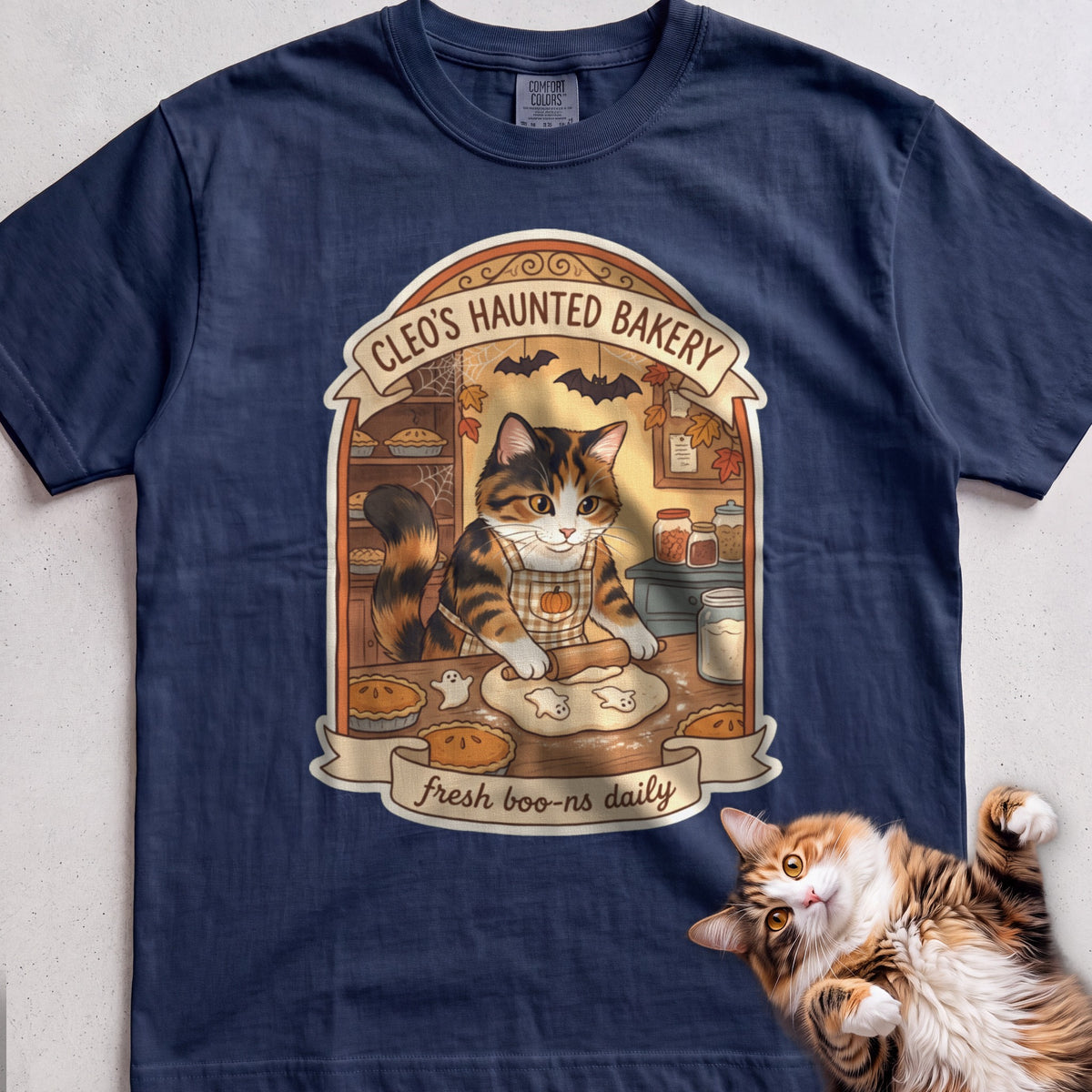 Personalized Haunted Bakery Cat T-Shirt - True Navy