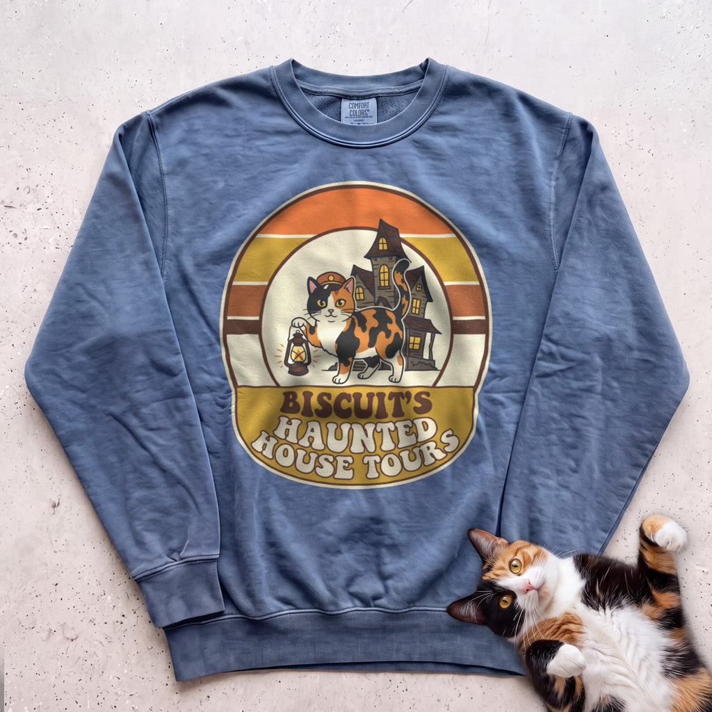 Personalized Haunted House Tours Cat Sweatshirt - Blue Jean