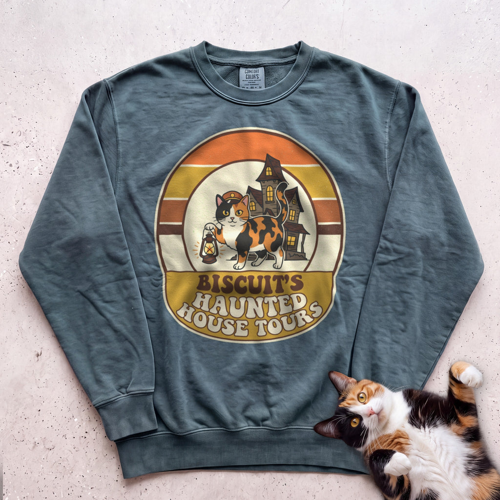 Personalized Haunted House Tours Cat Sweatshirt - Blue Spruce