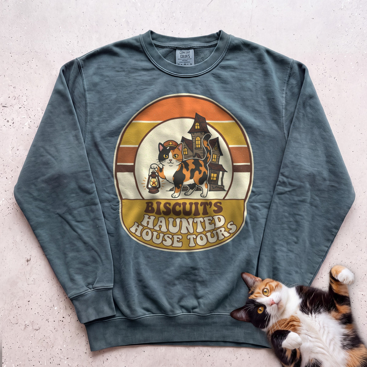 Personalized Haunted House Tours Cat Sweatshirt - Blue Spruce