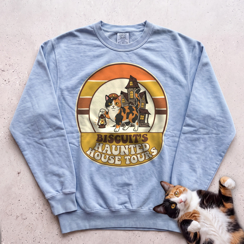 Personalized Haunted House Tours Cat Sweatshirt - Chambray