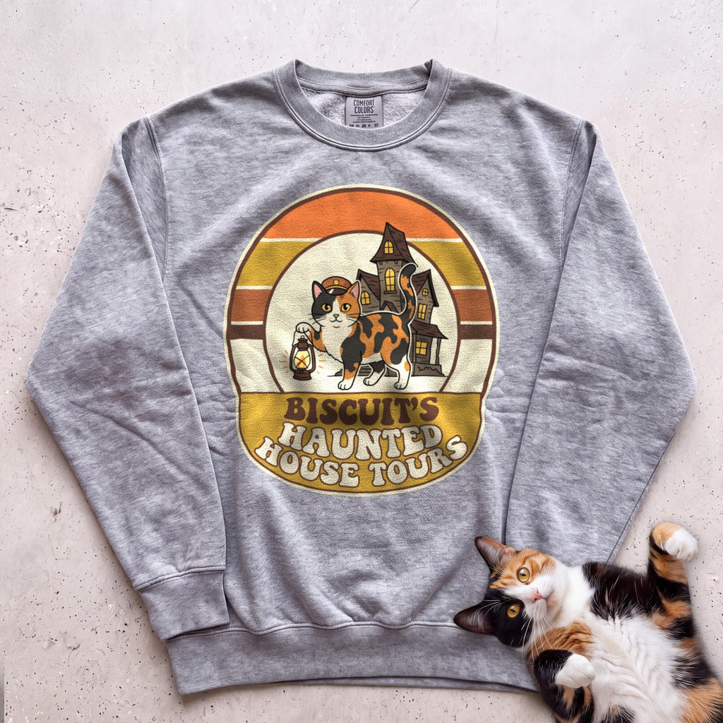 Personalized Haunted House Tours Cat Sweatshirt - Grey