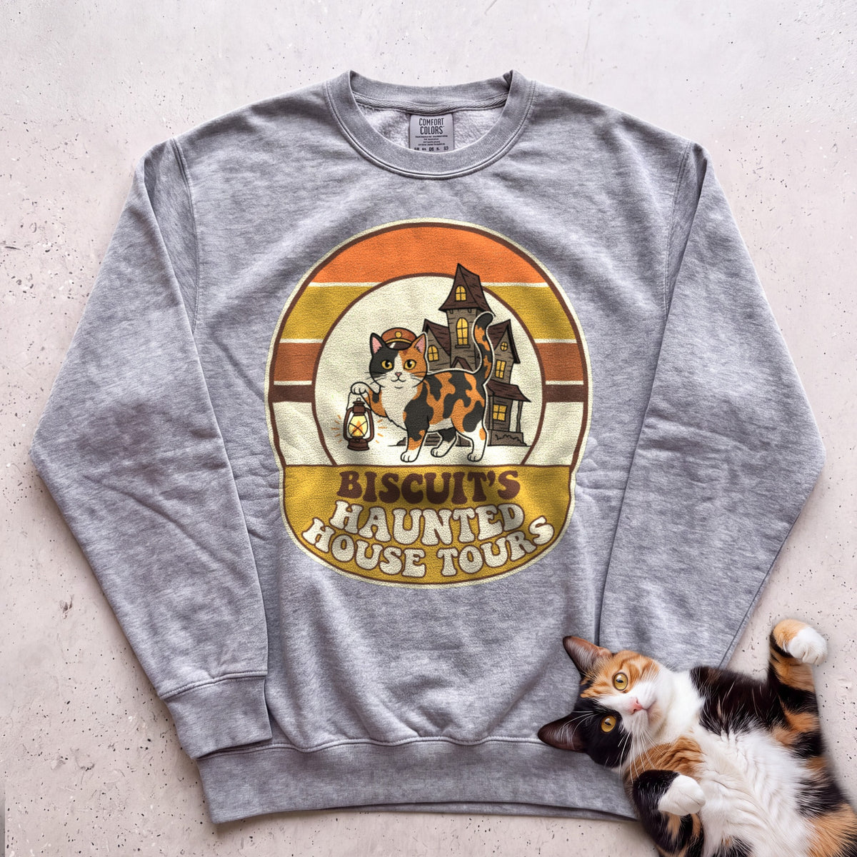 Personalized Haunted House Tours Cat Sweatshirt - Grey