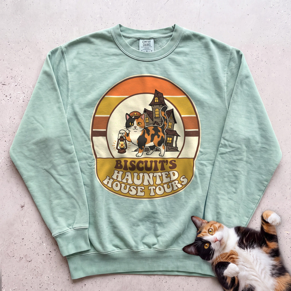 Personalized Haunted House Tours Cat Sweatshirt - Light Green