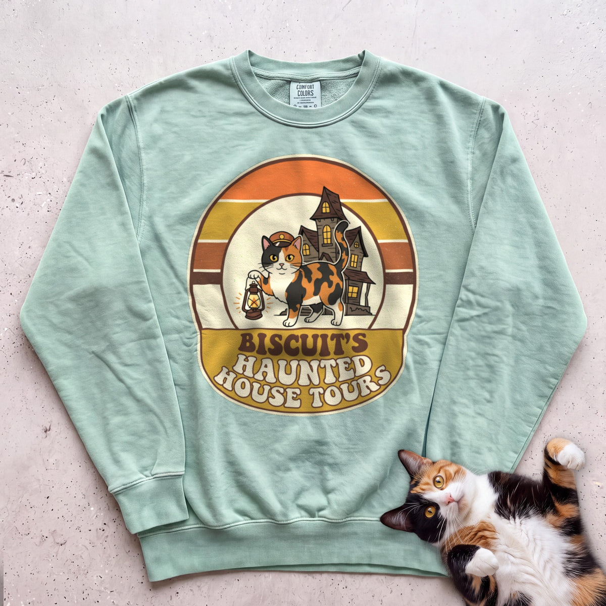 Personalized Haunted House Tours Cat Sweatshirt - Light Green