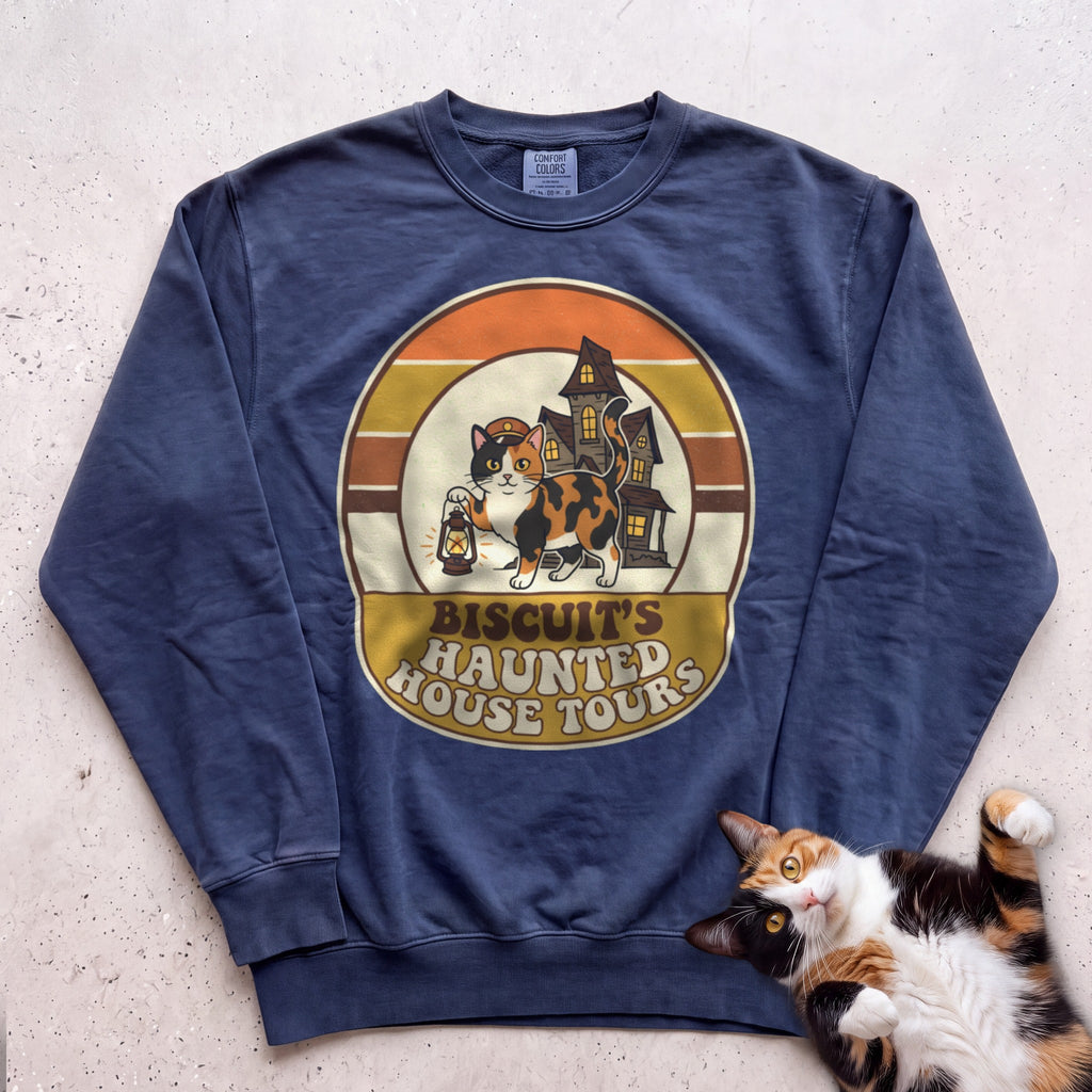 Personalized Haunted House Tours Cat Sweatshirt - True Navy