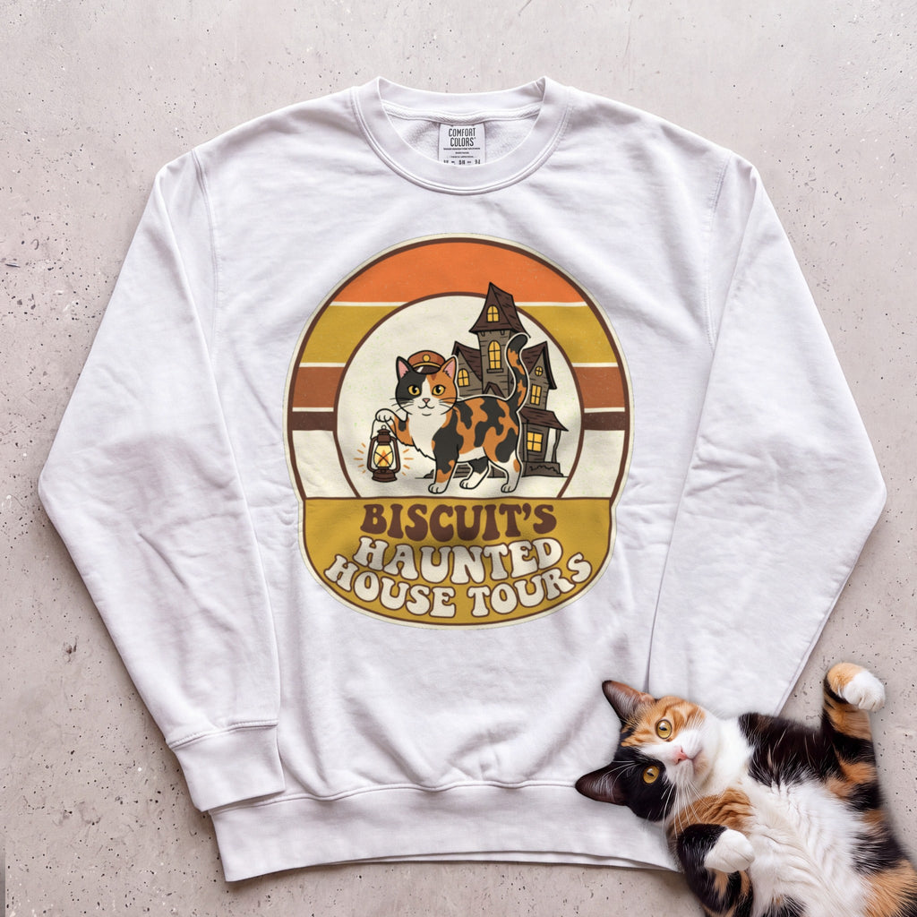 Personalized Haunted House Tours Cat Sweatshirt - White