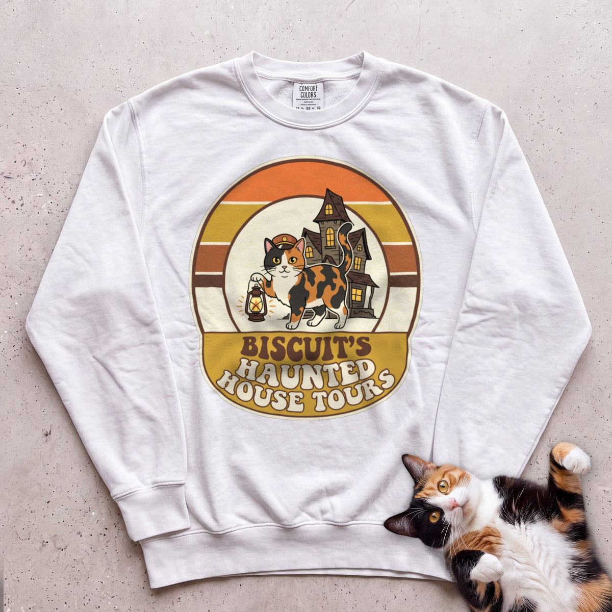 Personalized Haunted House Tours Cat Sweatshirt - White