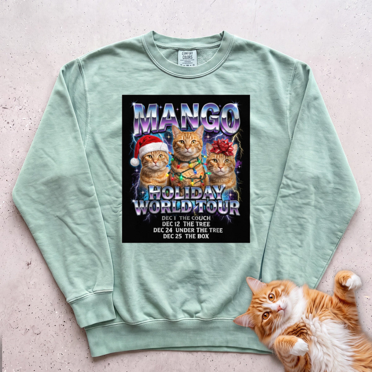 Personalized Holiday World Tour Cat Sweatshirt - Light Green