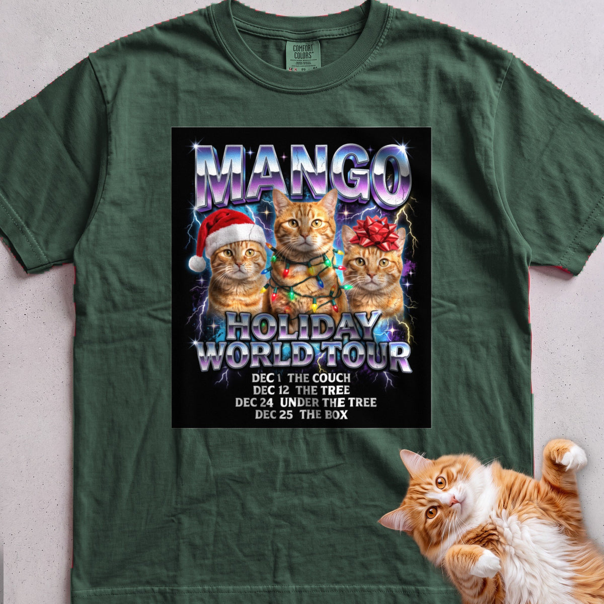 Personalized Holiday World Tour Cat T-Shirt - Blue Spruce
