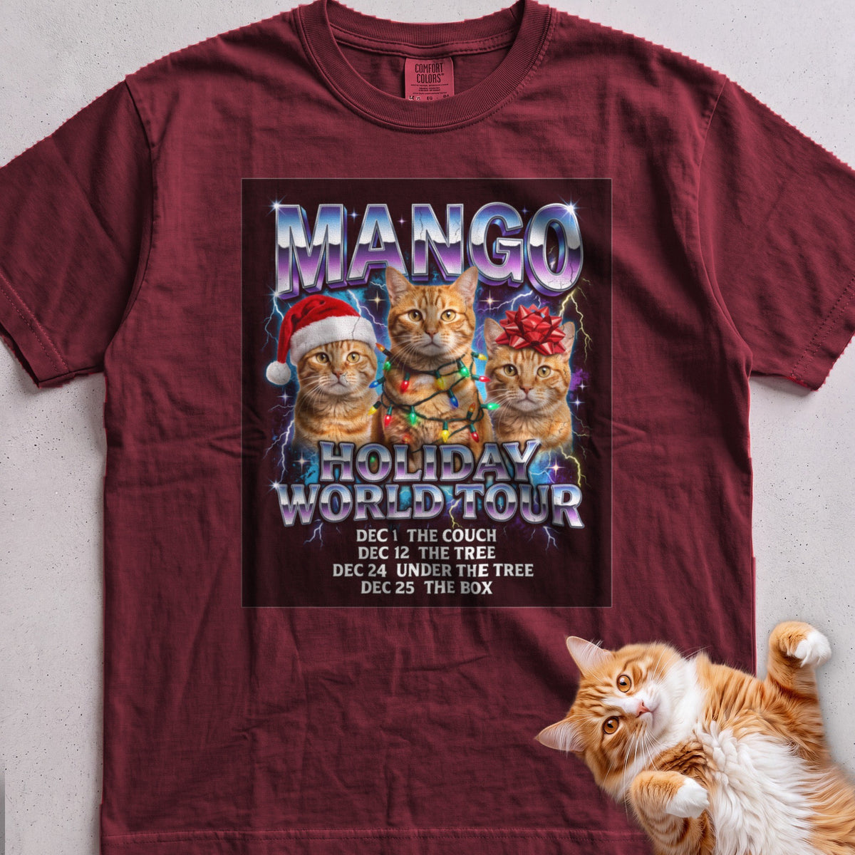 Personalized Holiday World Tour Cat T-Shirt - Wine