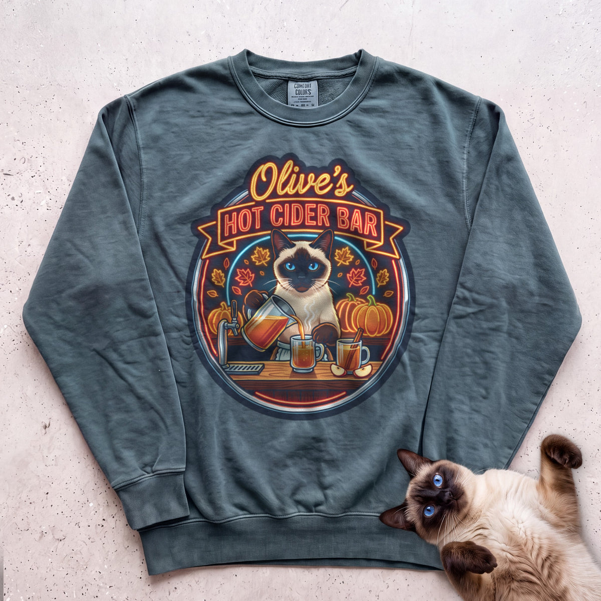 Personalized Hot Cider Bar Cat Sweatshirt - Blue Spruce