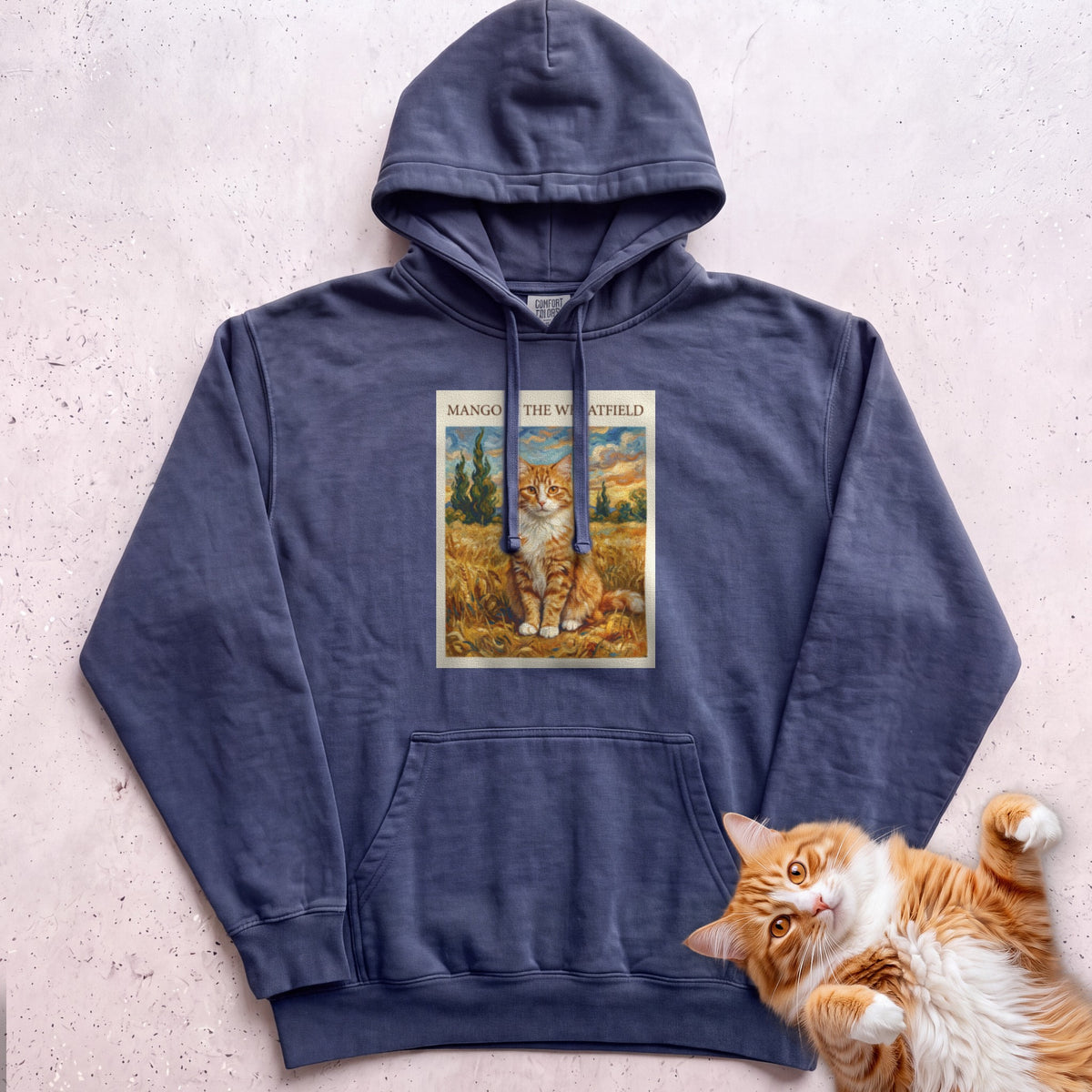 Personalized In the Wheatfield Cat Hoodie - True Navy
