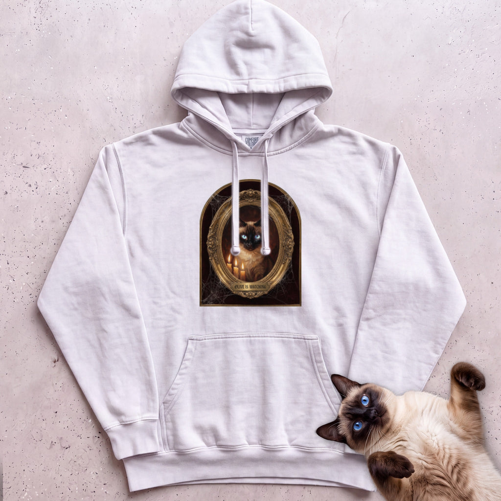 Personalized Is Watching Haunted Portrait Cat Hoodie - White