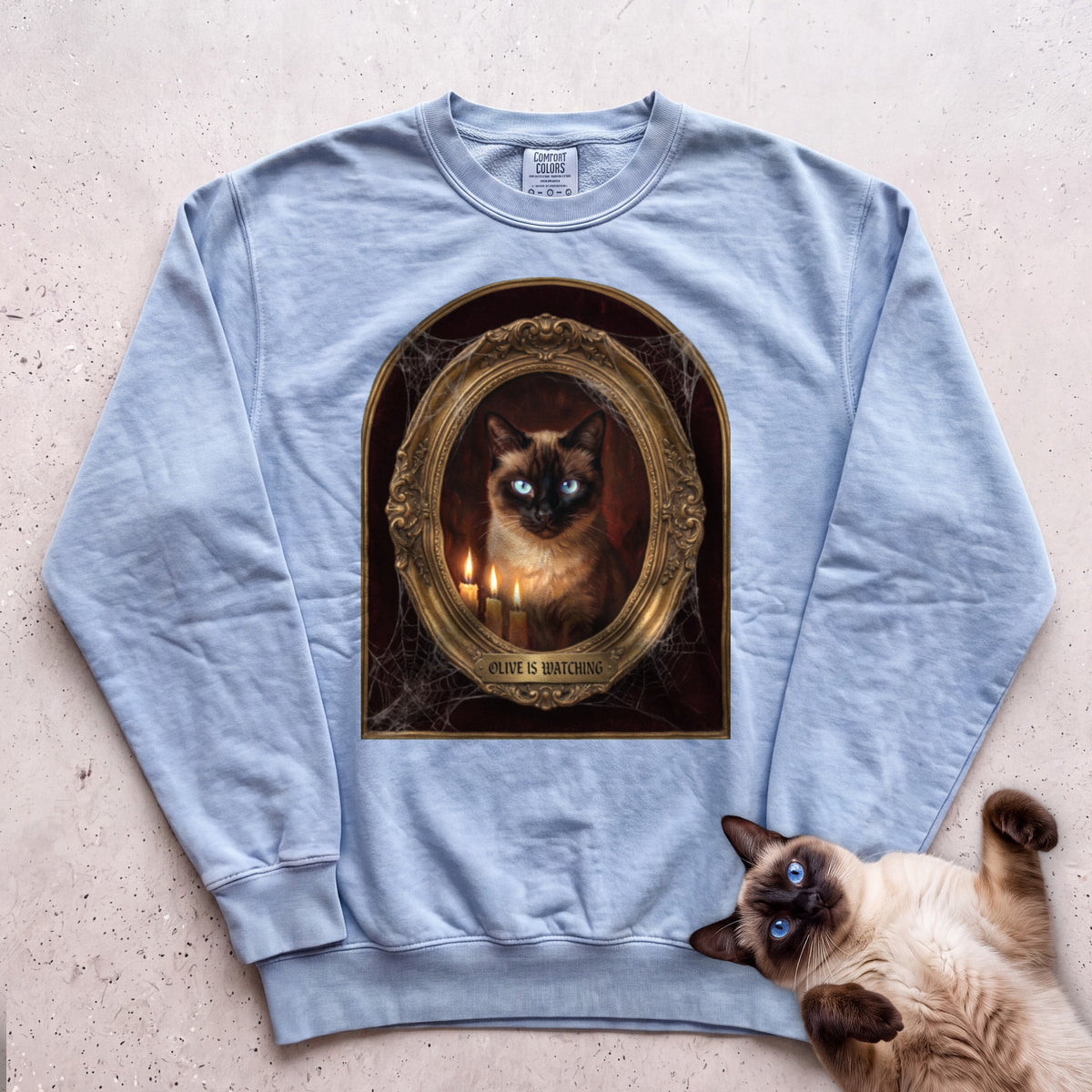 Personalized Is Watching Haunted Portrait Cat Sweatshirt - Chambray