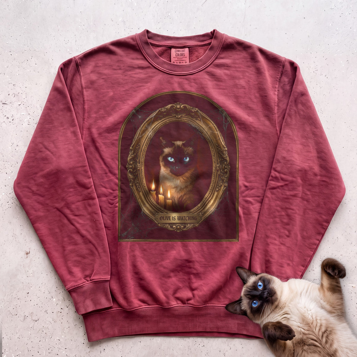 Personalized Is Watching Haunted Portrait Cat Sweatshirt - Crimson