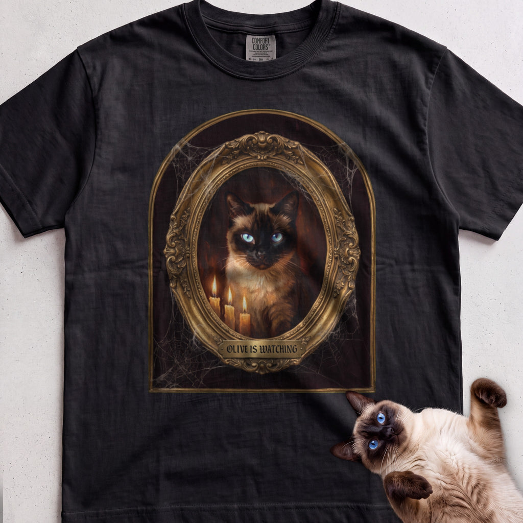 Personalized Is Watching Haunted Portrait Cat T-Shirt - Black
