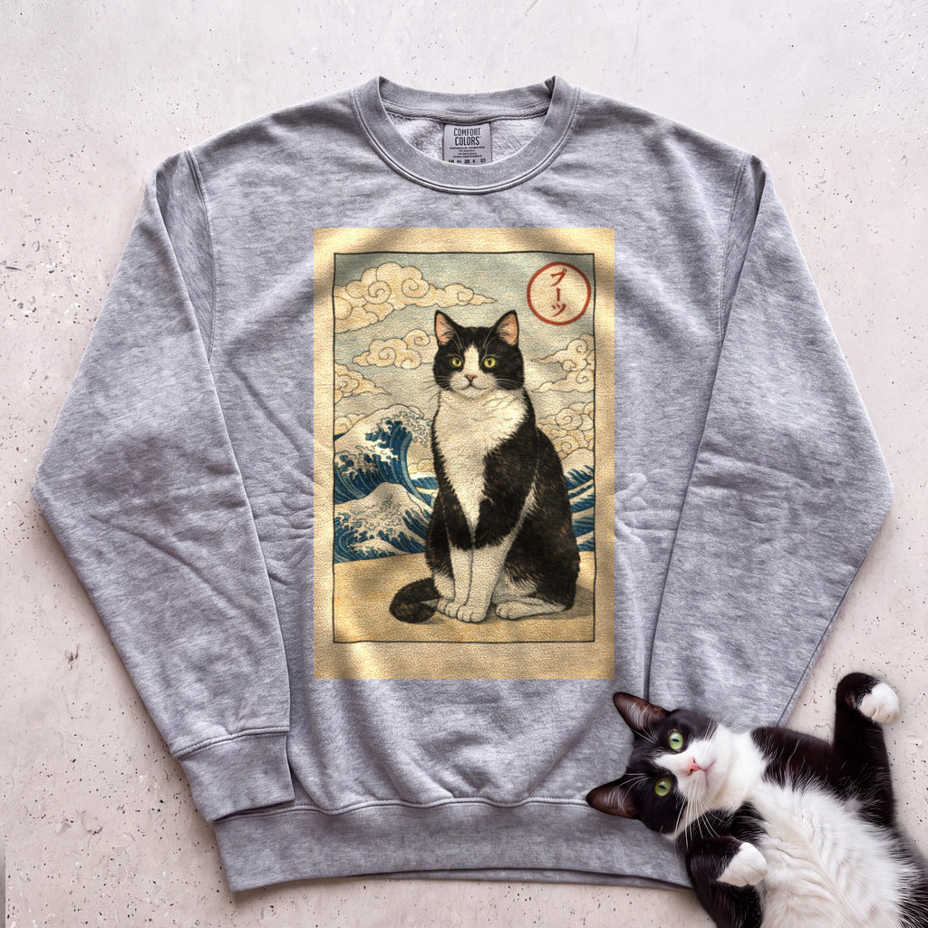 Personalized Japanese Style Design Cat Sweatshirt - Grey