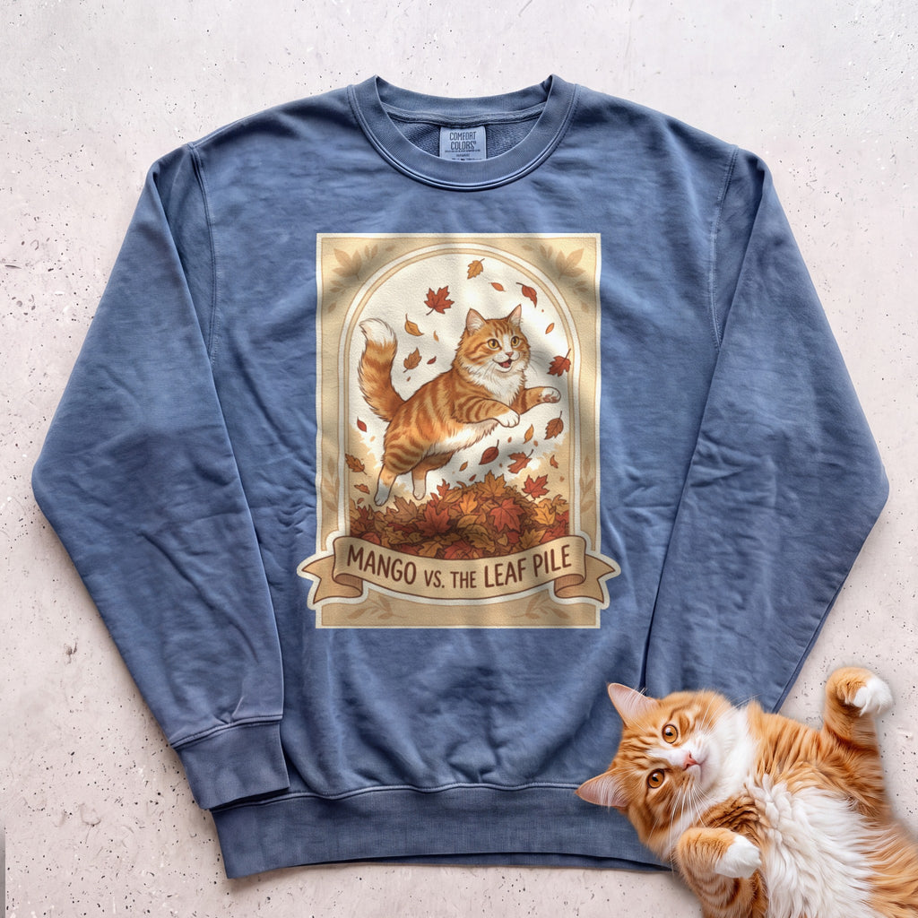 Personalized Leaf Pile Cat Sweatshirt - Blue Jean