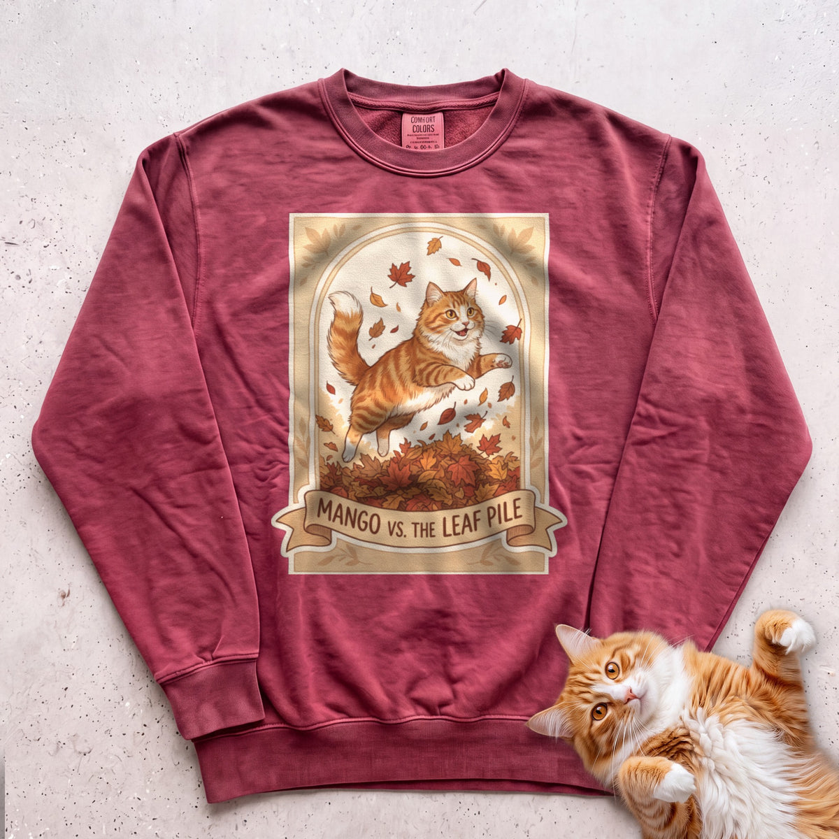 Personalized Leaf Pile Cat Sweatshirt - Crimson
