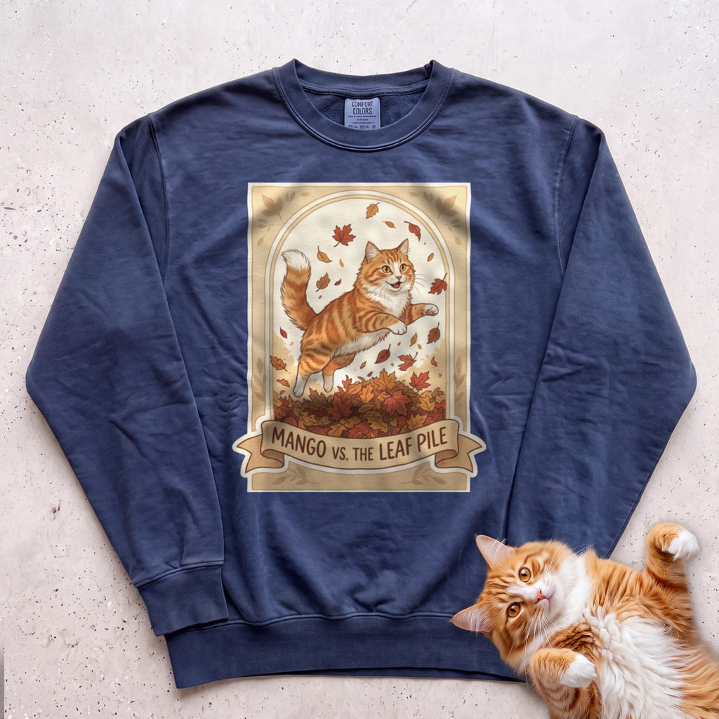 Personalized Leaf Pile Cat Sweatshirt - True Navy