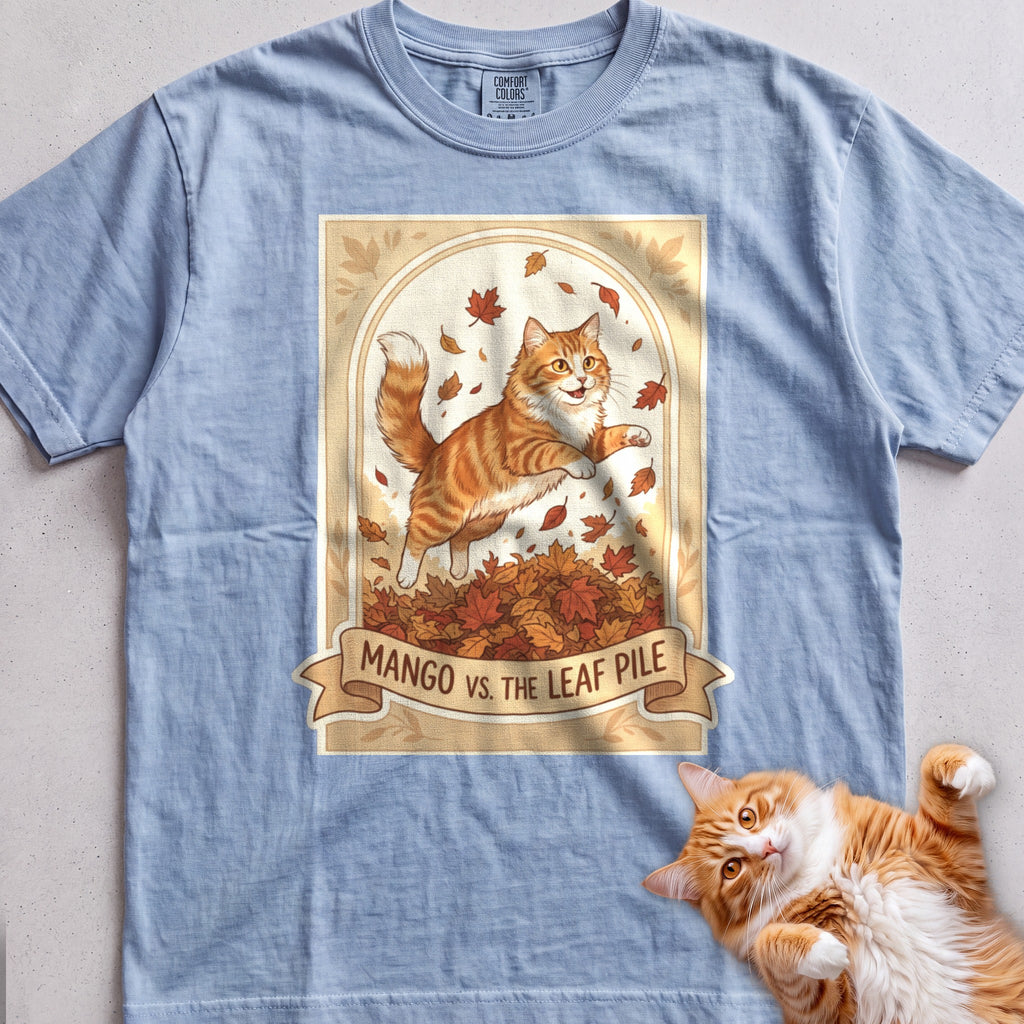 Personalized Leaf Pile Cat T-Shirt - Chambray