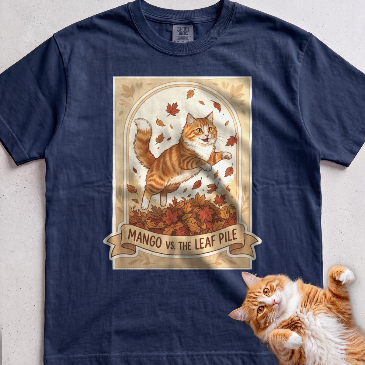 Personalized Leaf Pile Cat T-Shirt - True Navy