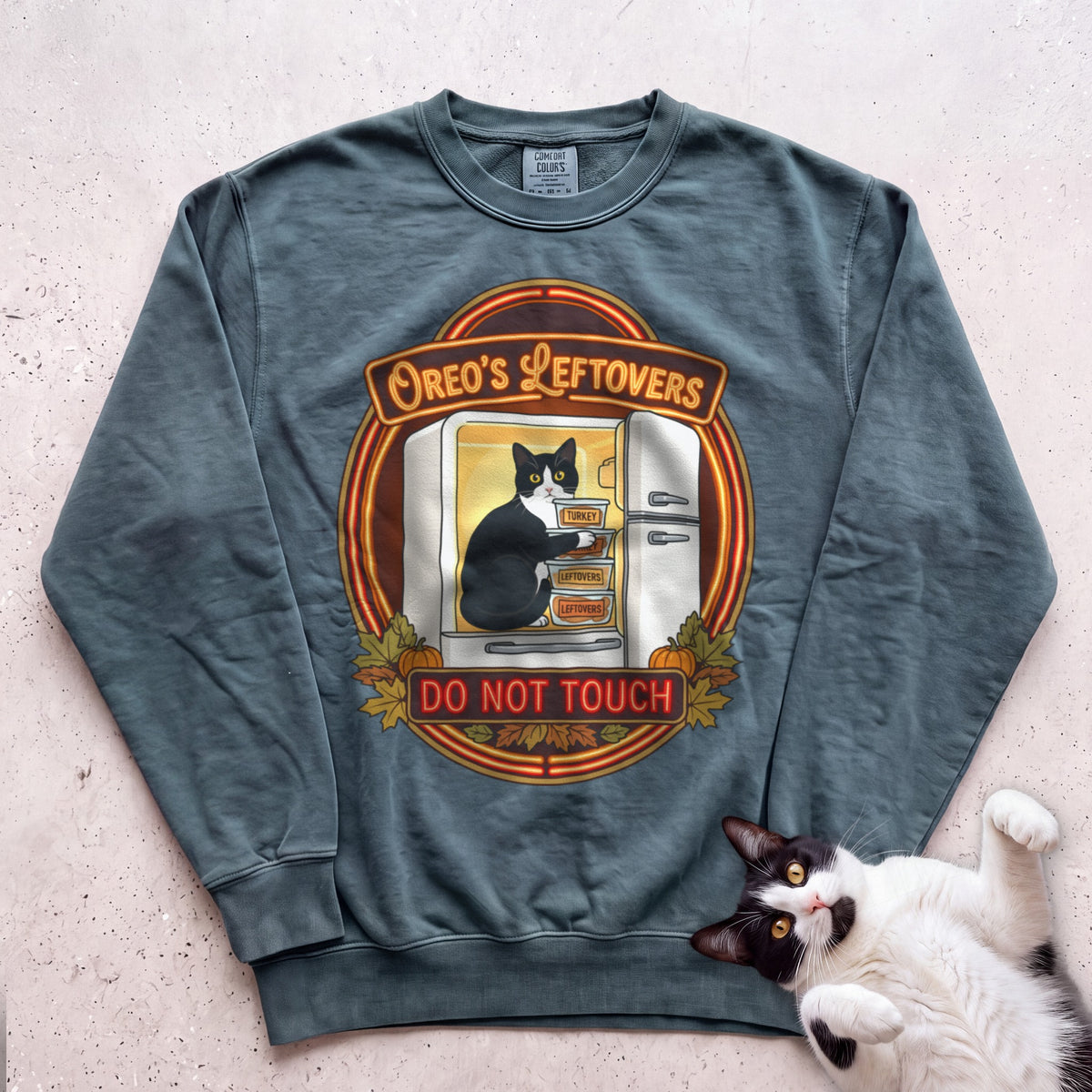 Personalized Leftovers Do Not Touch Cat Sweatshirt - Blue Spruce