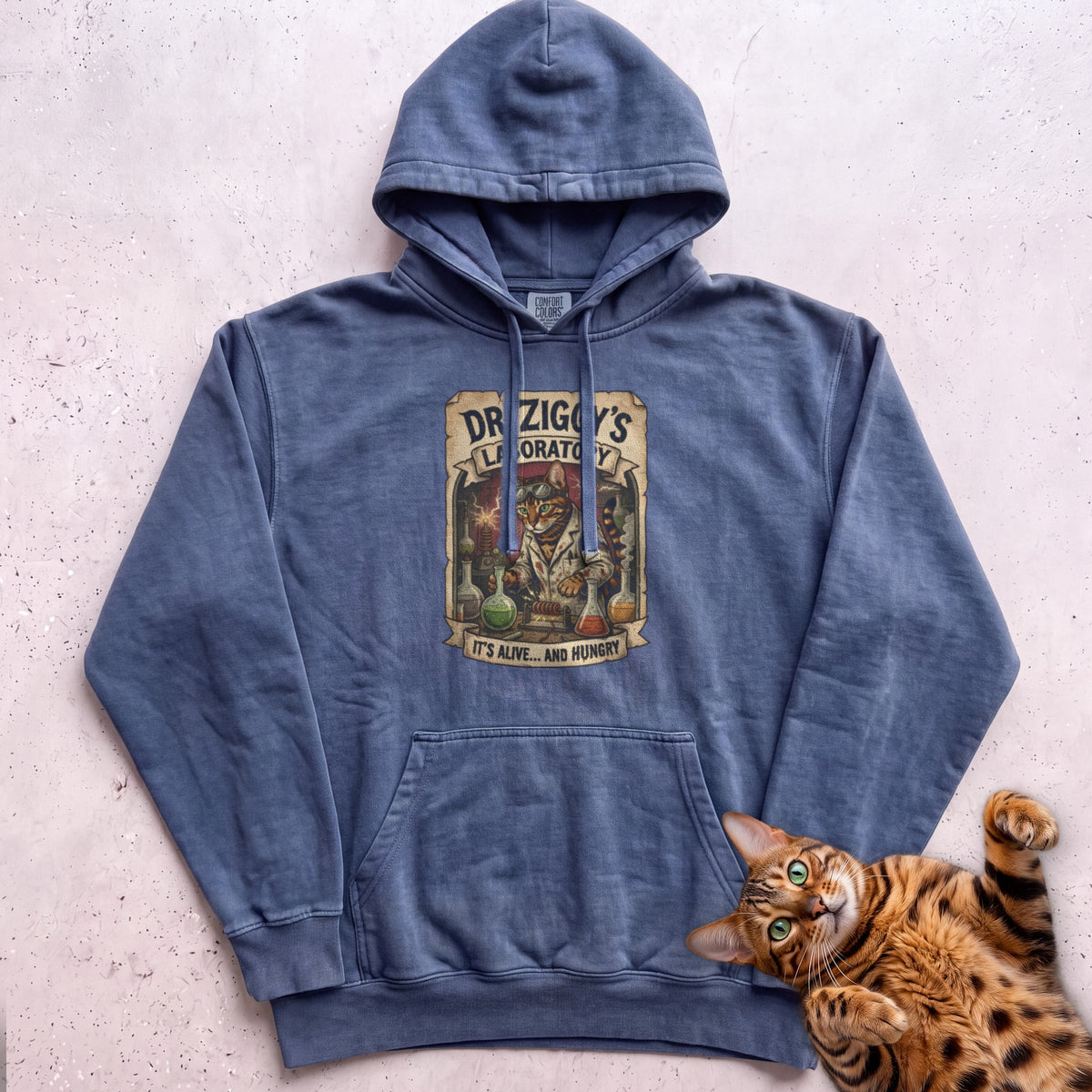 Personalized Mad Scientist Laboratory Cat Hoodie - Denim