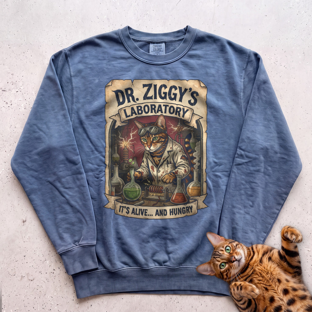 Personalized Mad Scientist Laboratory Cat Sweatshirt - Blue Jean