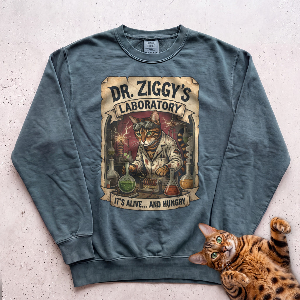 Personalized Mad Scientist Laboratory Cat Sweatshirt - Blue Spruce